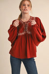 Brick Embroidered Trim Balloon Sleeve Blouse