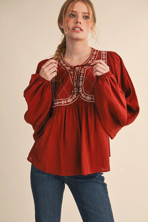 Brick Embroidered Trim Balloon Sleeve Blouse