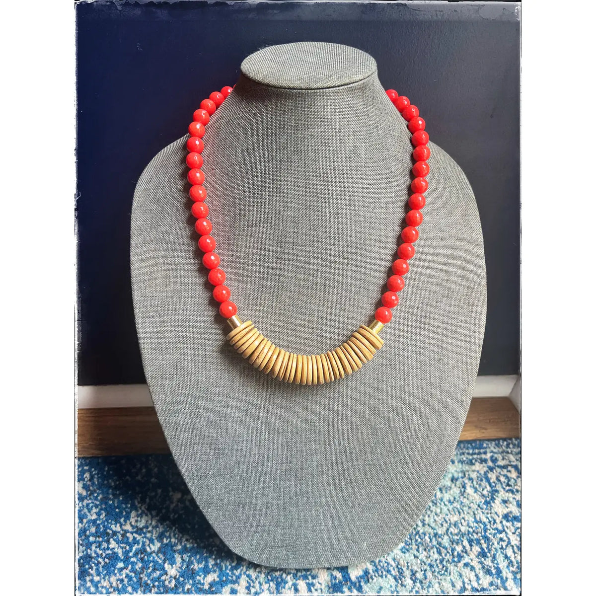 Red Wood Bead & Glass Necklace