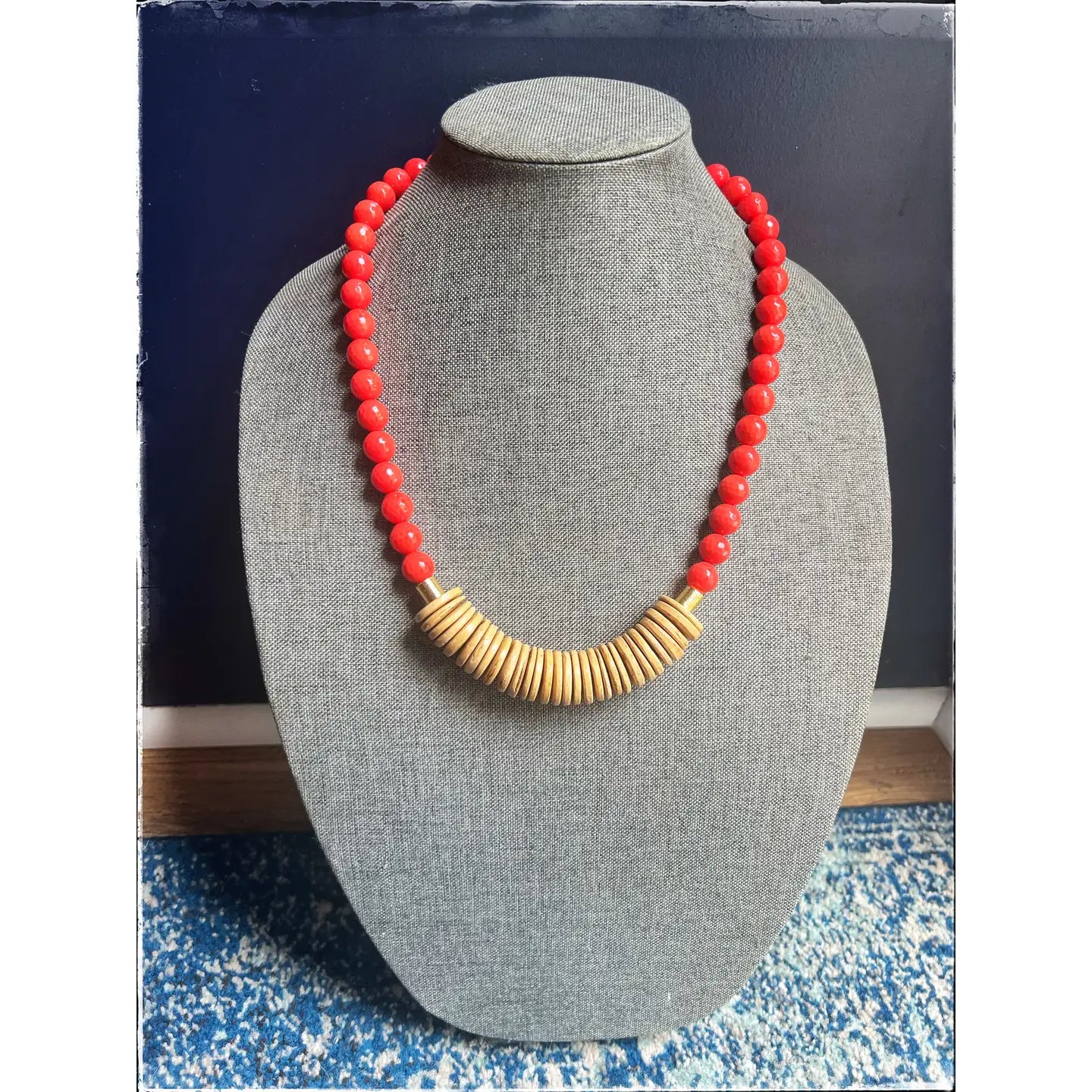Red Wood Bead & Glass Necklace