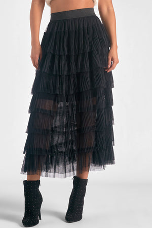 Black Tulle Layered Midi Skirt