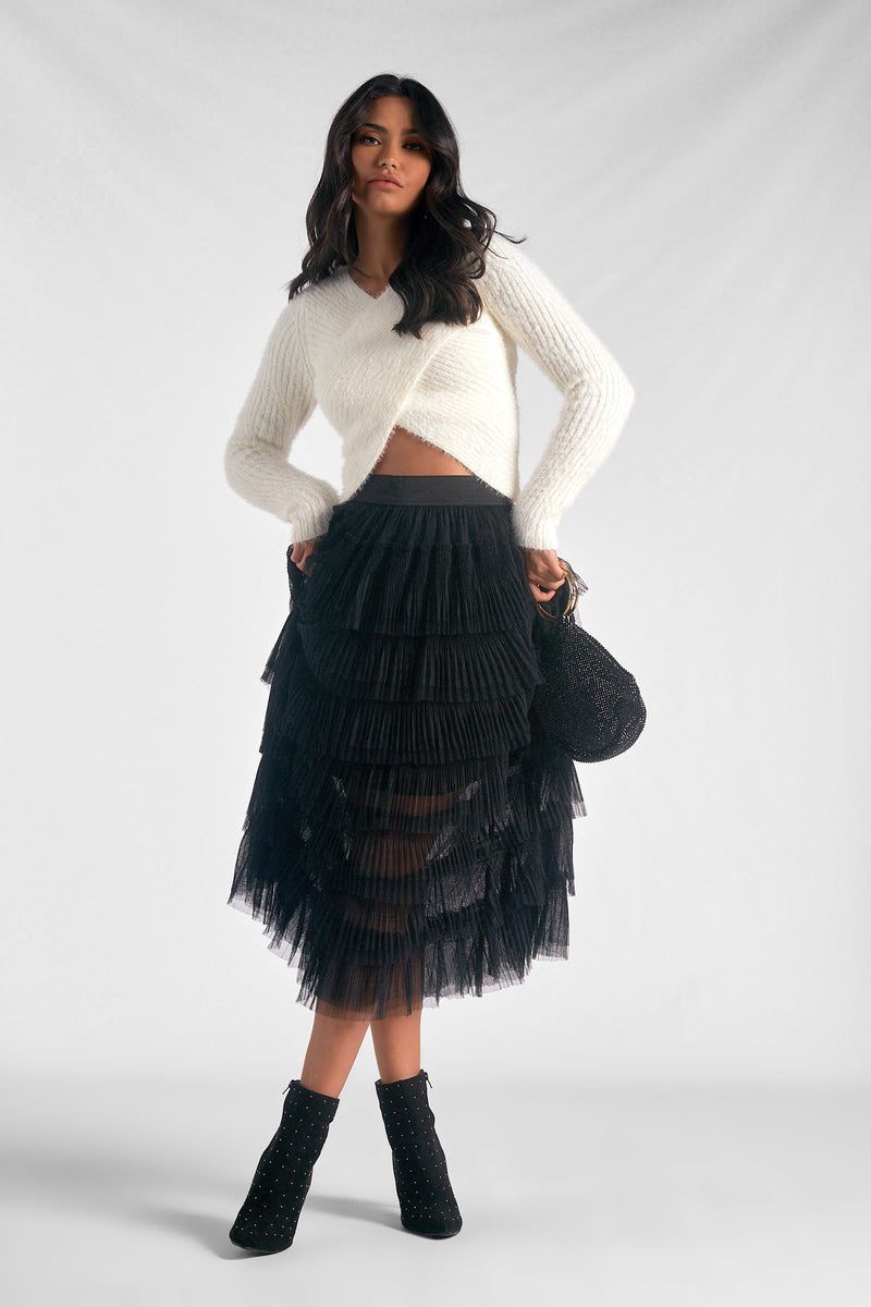 Black Tulle Layered Midi Skirt