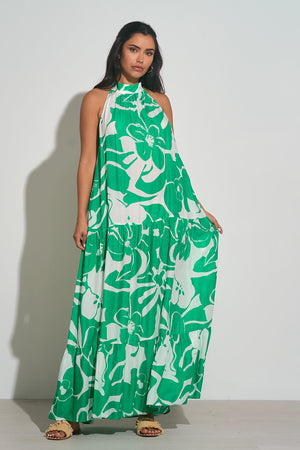 Green and White Floral Halter Open Back Maxi