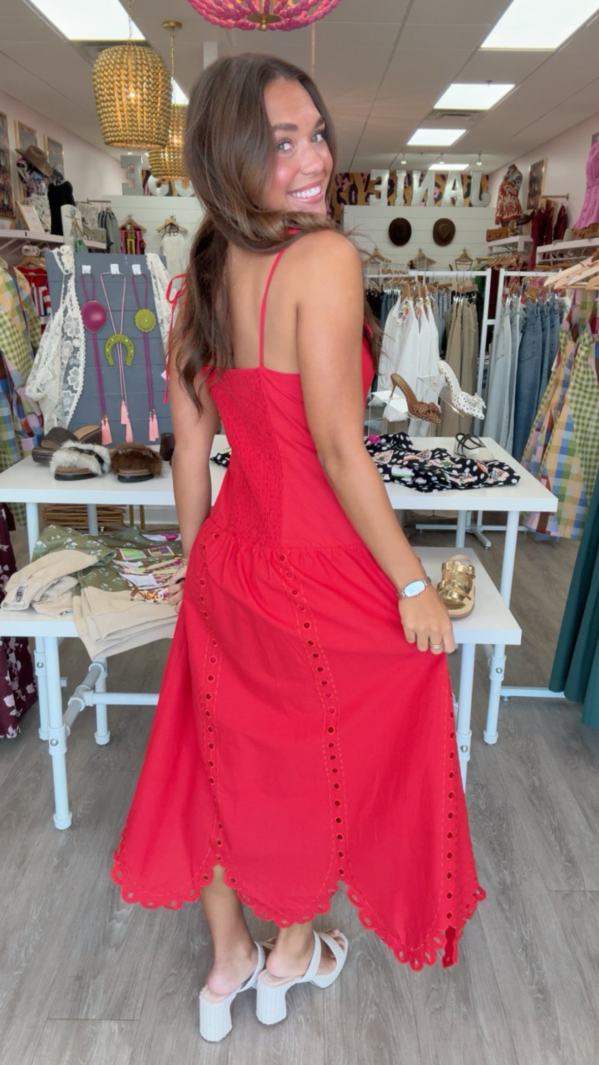 Moon River | Red Eyelet Scalloped Midi Dress