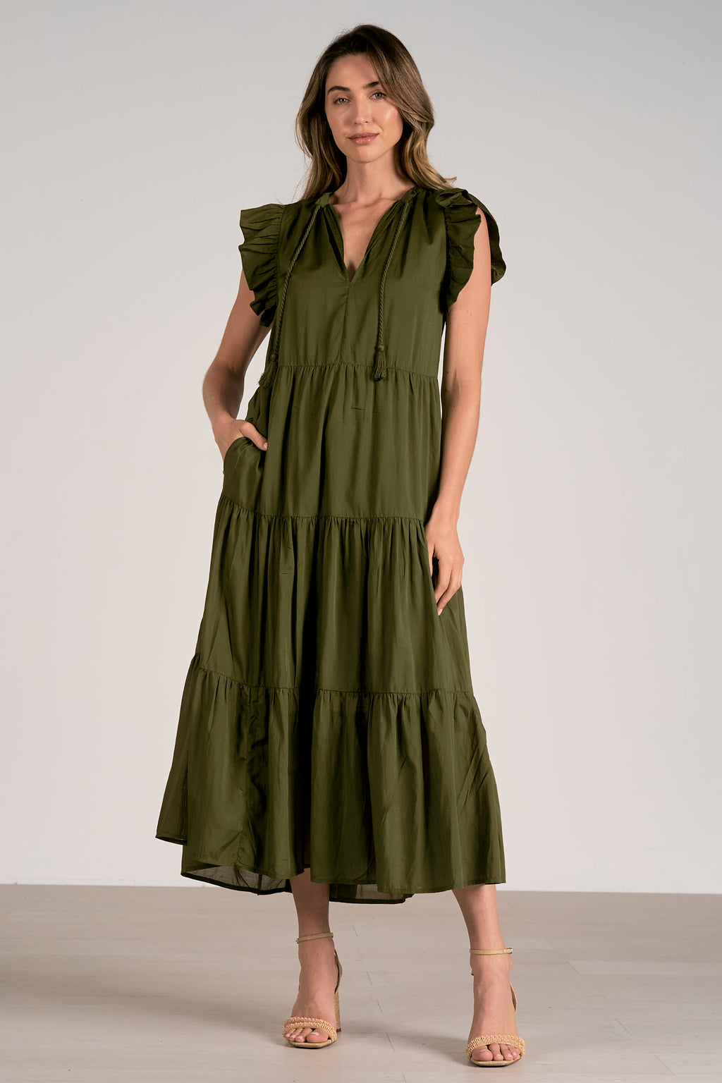 Olive Tiered Ruffle Sleeve Midi Dress