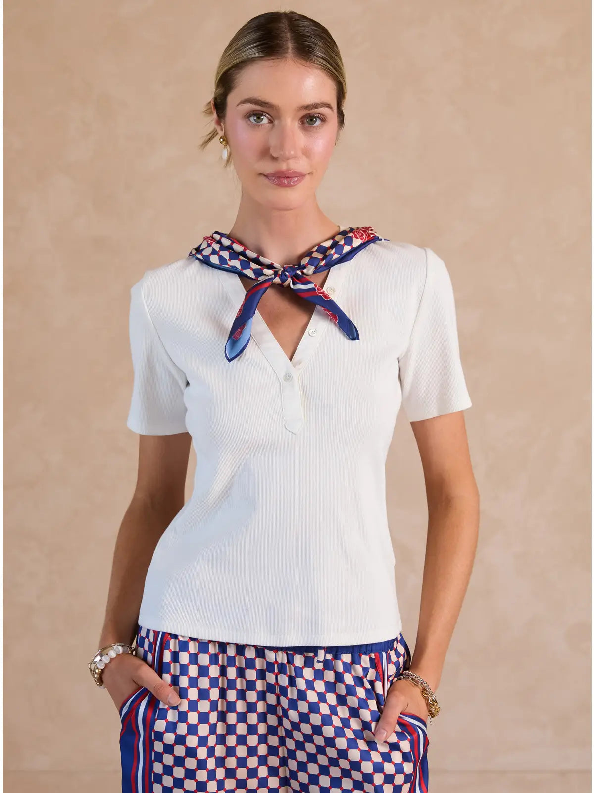 Current Air | White Knited Top with Printed Scarf