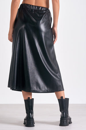 Black Pleather Elastic Waist Midi Skirt