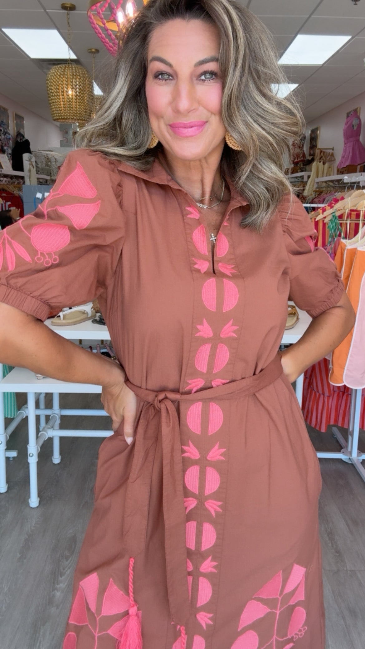 Ivy Jane Brown Placket Embroidered Dress