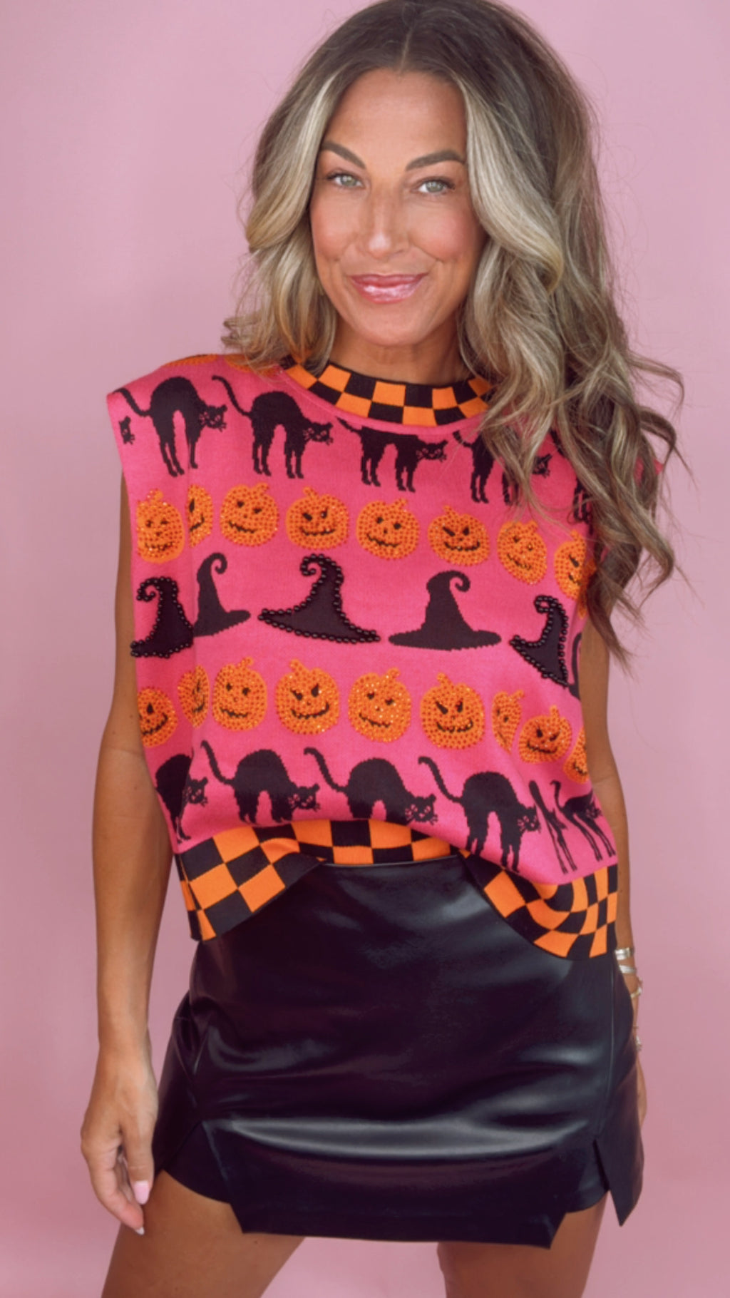Queen of Sparkles Halloween Checkered Trim Sweater Top (1 LARGE)
