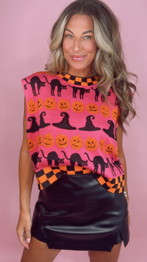Queen of Sparkles Halloween Checkered Trim Sweater Top (1 LARGE)