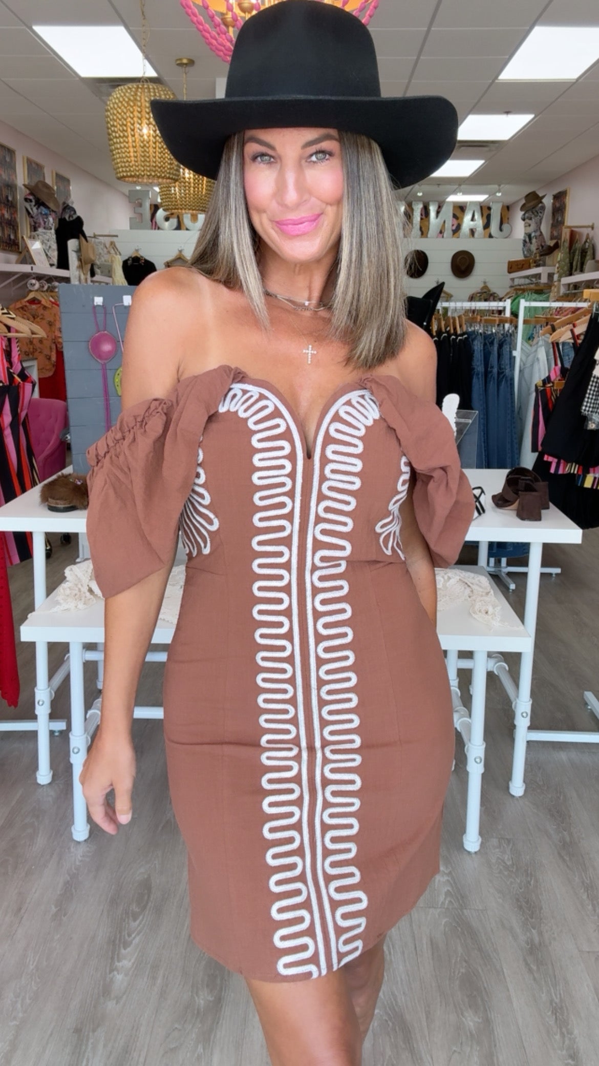 Brown Off-Shoulder Embroidered Linen Mini Dress