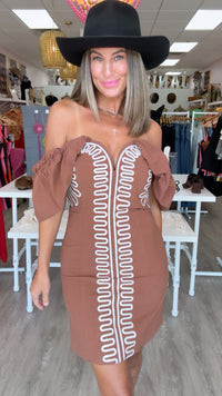 Brown Off-Shoulder Embroidered Linen Mini Dress