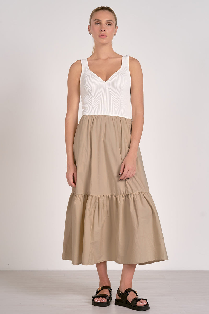 White and Tan Mixed Media Tiered Midi Dress