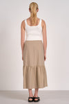 White and Tan Mixed Media Tiered Midi Dress