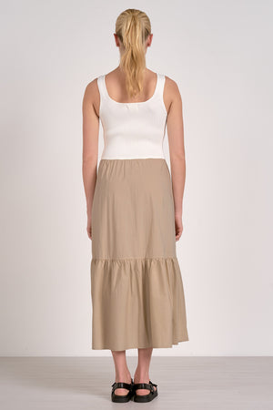 White and Tan Mixed Media Tiered Midi Dress