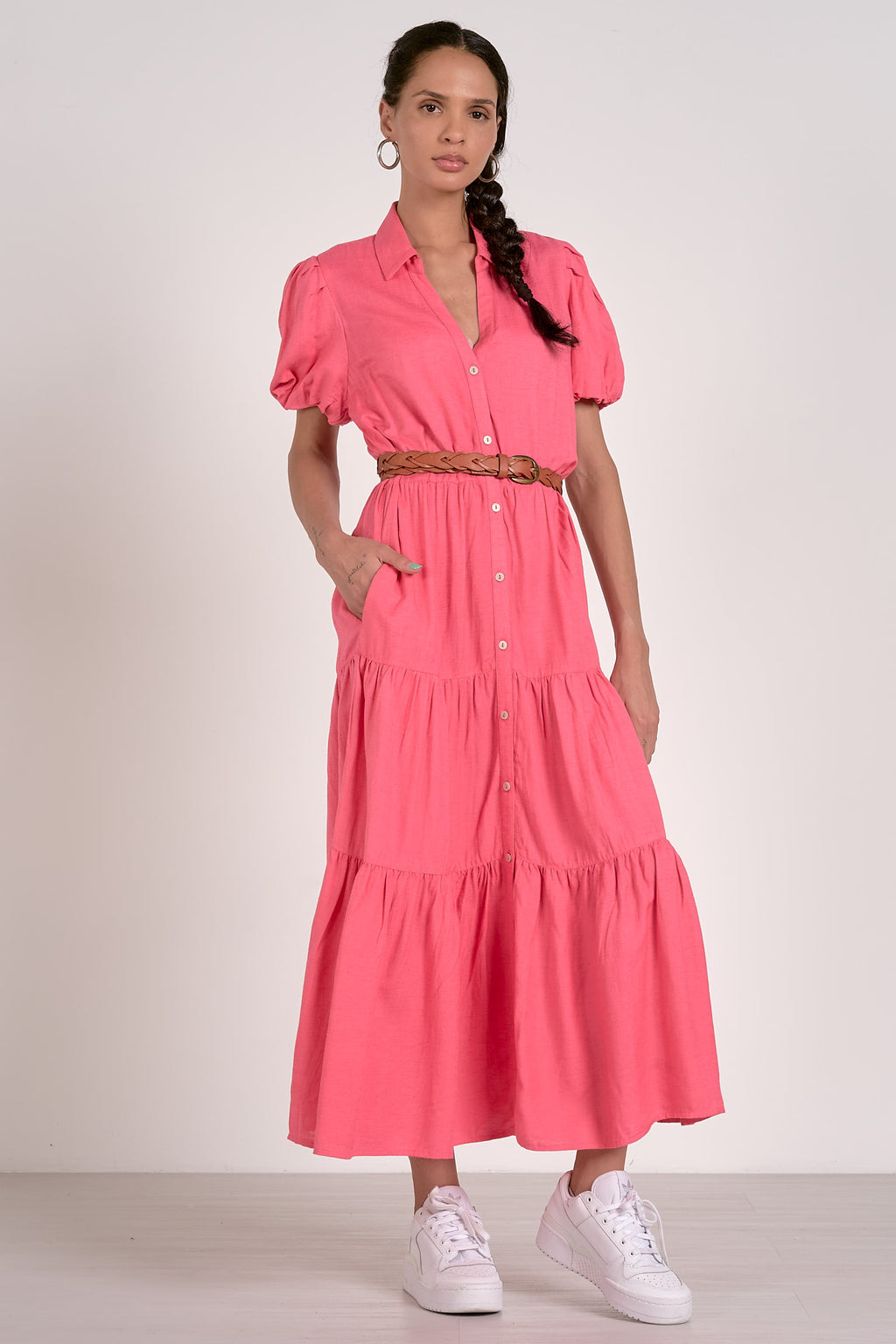 Pink Short Sleeve Tiered Midi Dress