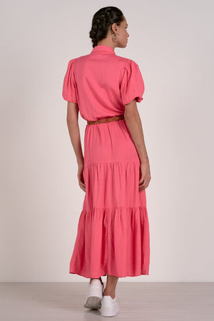 Pink Short Sleeve Tiered Midi Dress