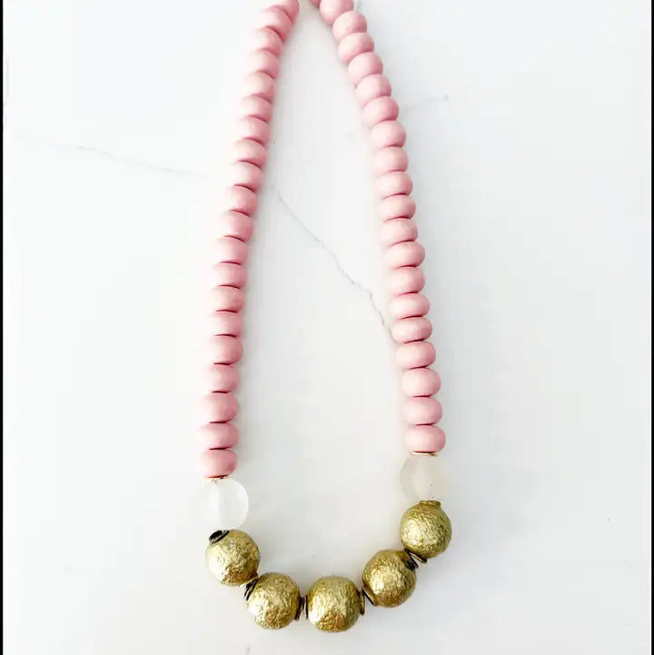 Pink Wood Bead & Glass Necklace