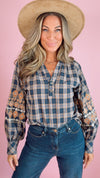 THML: Embroidered Sleeve Plaid V-Neck Top (1 XL)