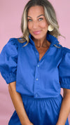 Royal Blue Ruffle Neck Button Down Romper (LARGE)