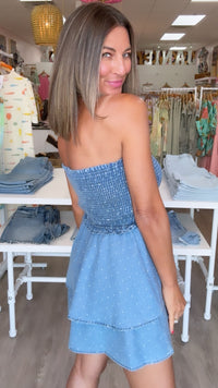 Denim Polkadot Smocked Ruffled Romper