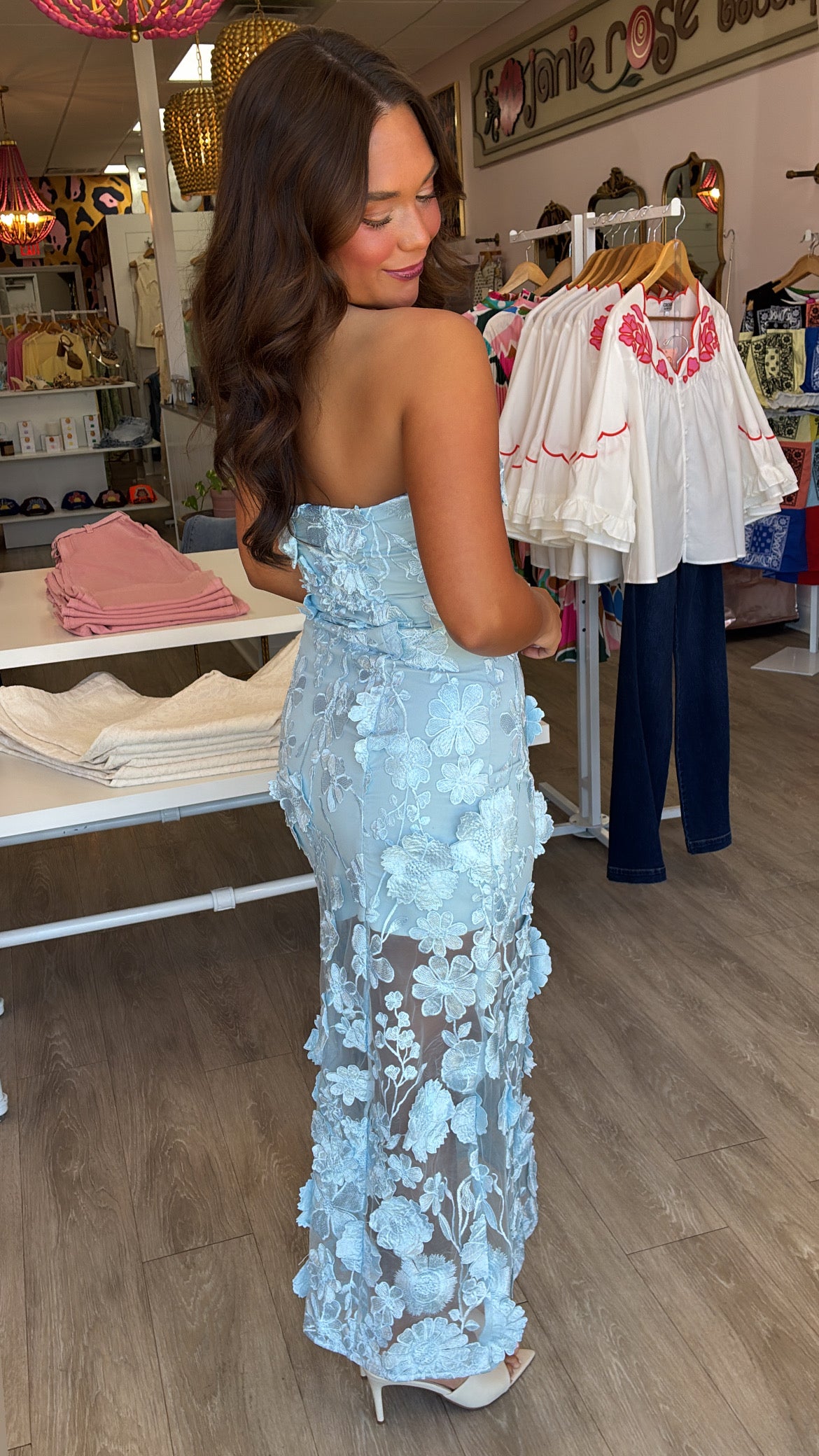 Icy Blue Strapless Floral Embroidered Maxi Dress