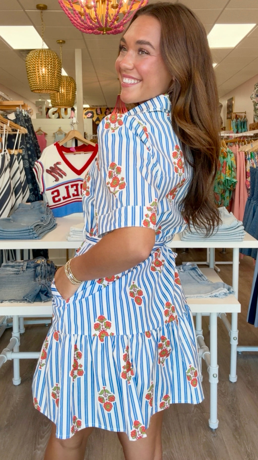 Karlie | Blue Stripe Pocket Belt Dress