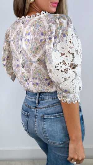 Karlie Boho Floral Crochet Sleeve Top