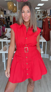 Karlie | Red Solid Poplin Shirt Dress w/ Belt