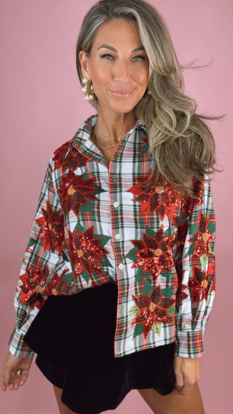 Queen of Sparkles Plaid Poinsettia Cotton Button Up Top