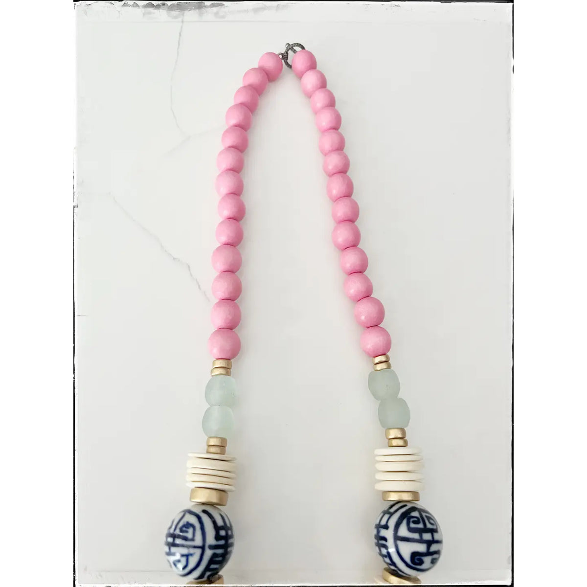 Pink Bead & Chinoiserie Necklace