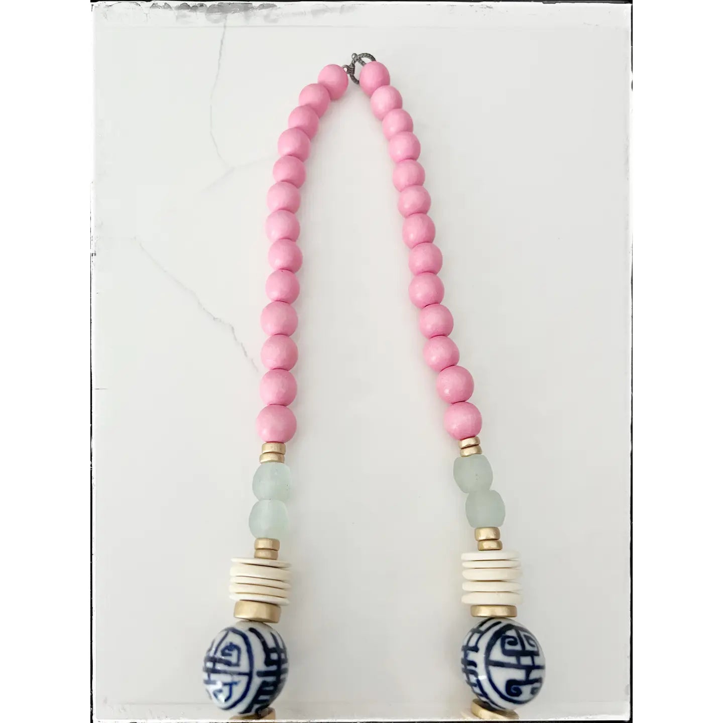 Pink Bead & Chinoiserie Necklace