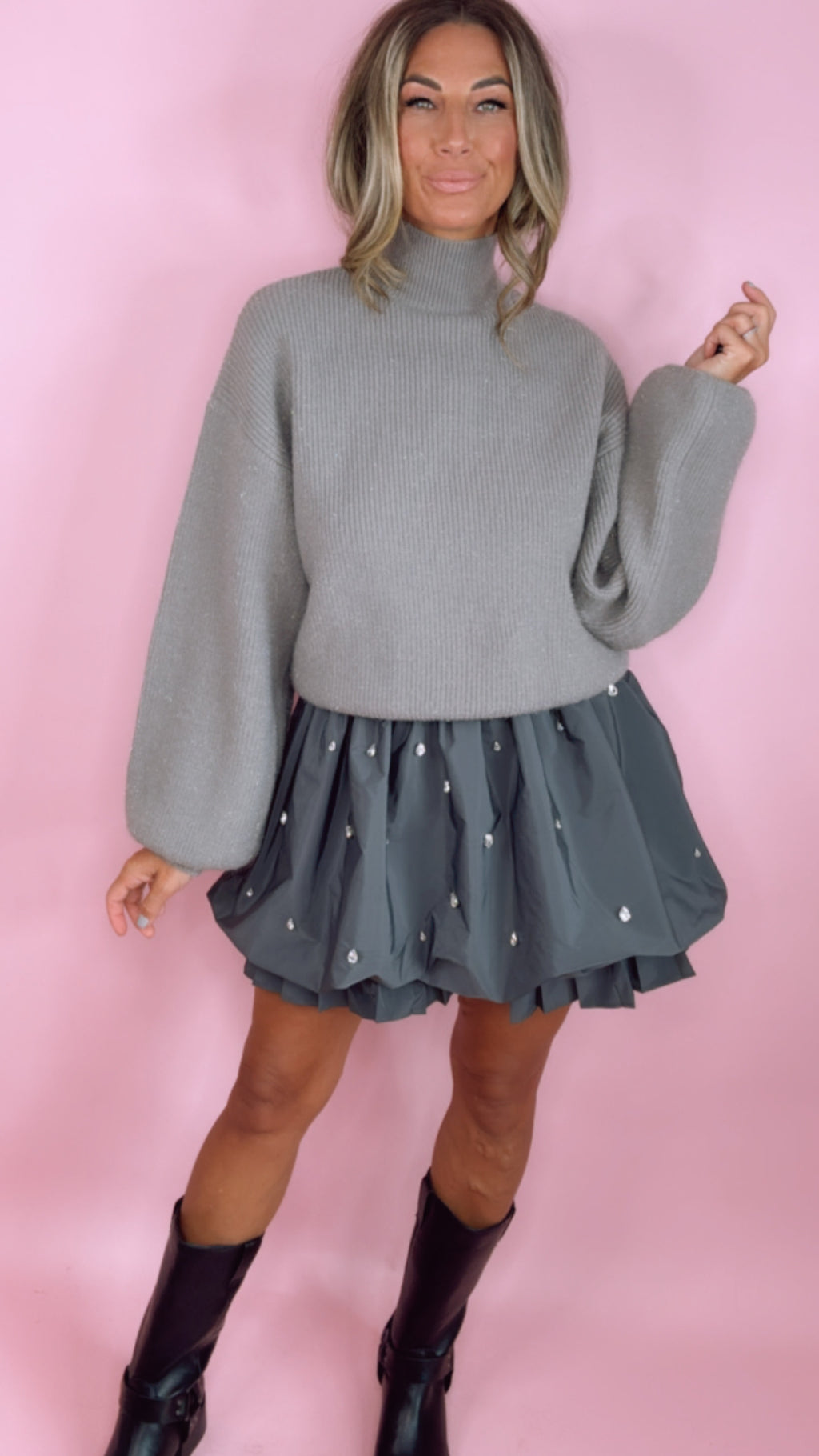 Florentina Grey 2Fer Mini Dress w/ Rhinestoned Bubble Hem (MEDIUM)