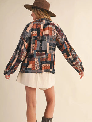 Printed V-Neck Tassel Top (SMALL)