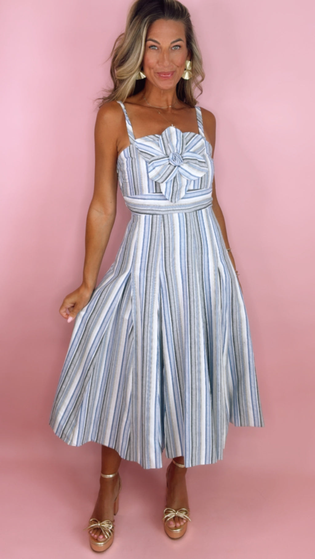 Aylaya Stripe Flower Detail Midi Dress