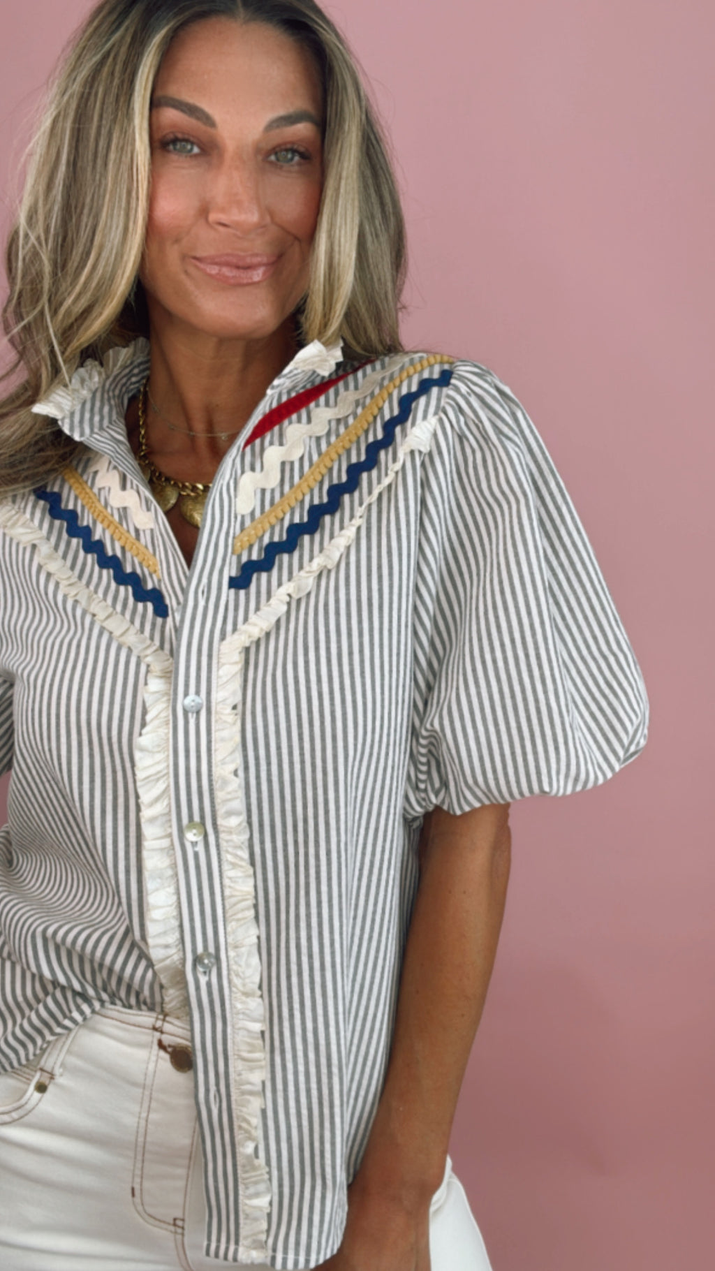 THML Striped Puff Sleeve Button Down Top (SMALL)