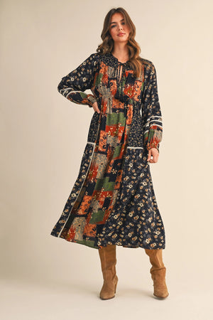 Navy Floral Patchwork Midi Dress