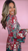 Current Air Wine Floral Notched Collar Midi Dress