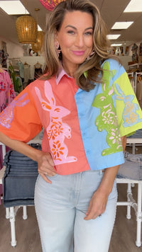 Queen of Sparkles Colorblock Easter Bunny Cotton Top (TOP ONLY)