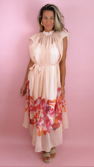 Floral Print Pleated Puff Chiffon Midi Dress