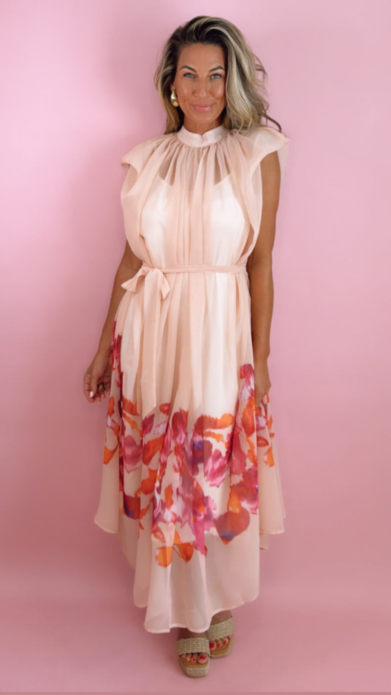 Floral Print Pleated Puff Chiffon Midi Dress