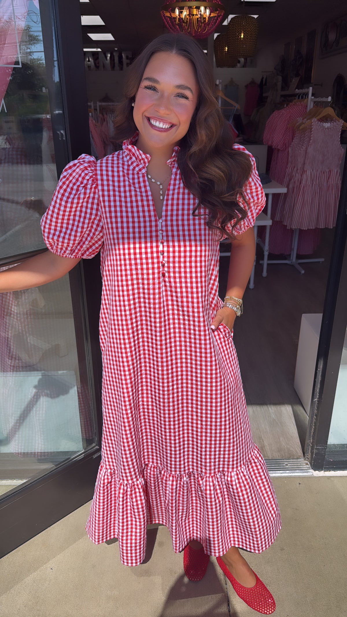 Red Gingham Puff Sleeve Midi Dress