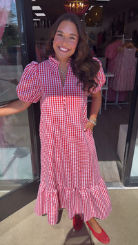 Red Gingham Puff Sleeve Midi Dress