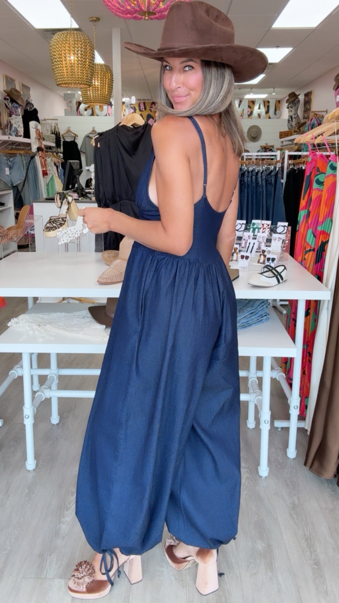 Klesis | Denim Plunge COrset Balloon Jumpsuit