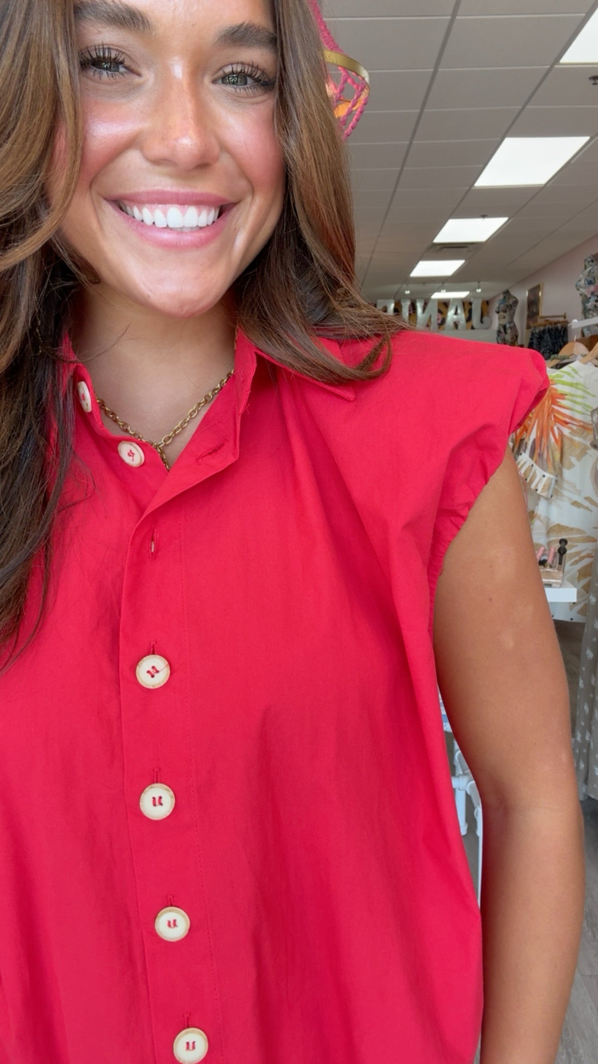 Karlie | Red Poplin Bubble Sleeve Button-Up Top