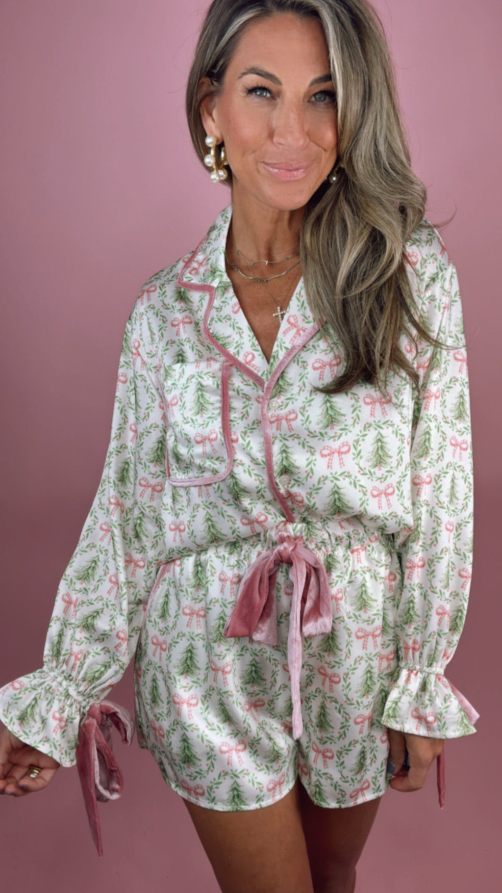 Satin Christmas Tree w/ Bows Print Velvet Ties Pajama Set