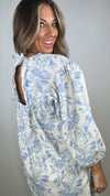 Blue/ Ivory Jacquard Puff Sleeve Round Neck Dress (MEDIUM)
