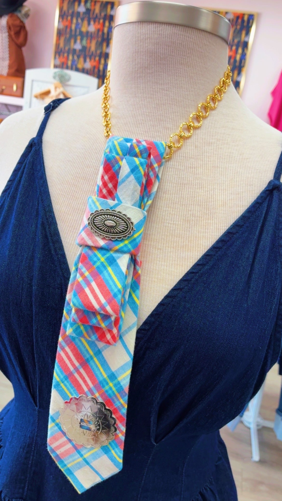 Tie Necklace | Pink Print Tie w/ Western Brooch