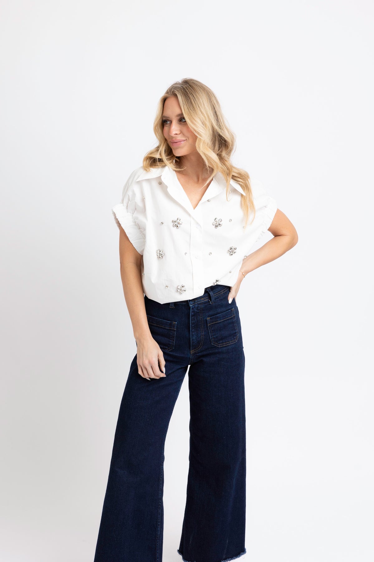 Karlie | White Solid Poplin Jeweled Top