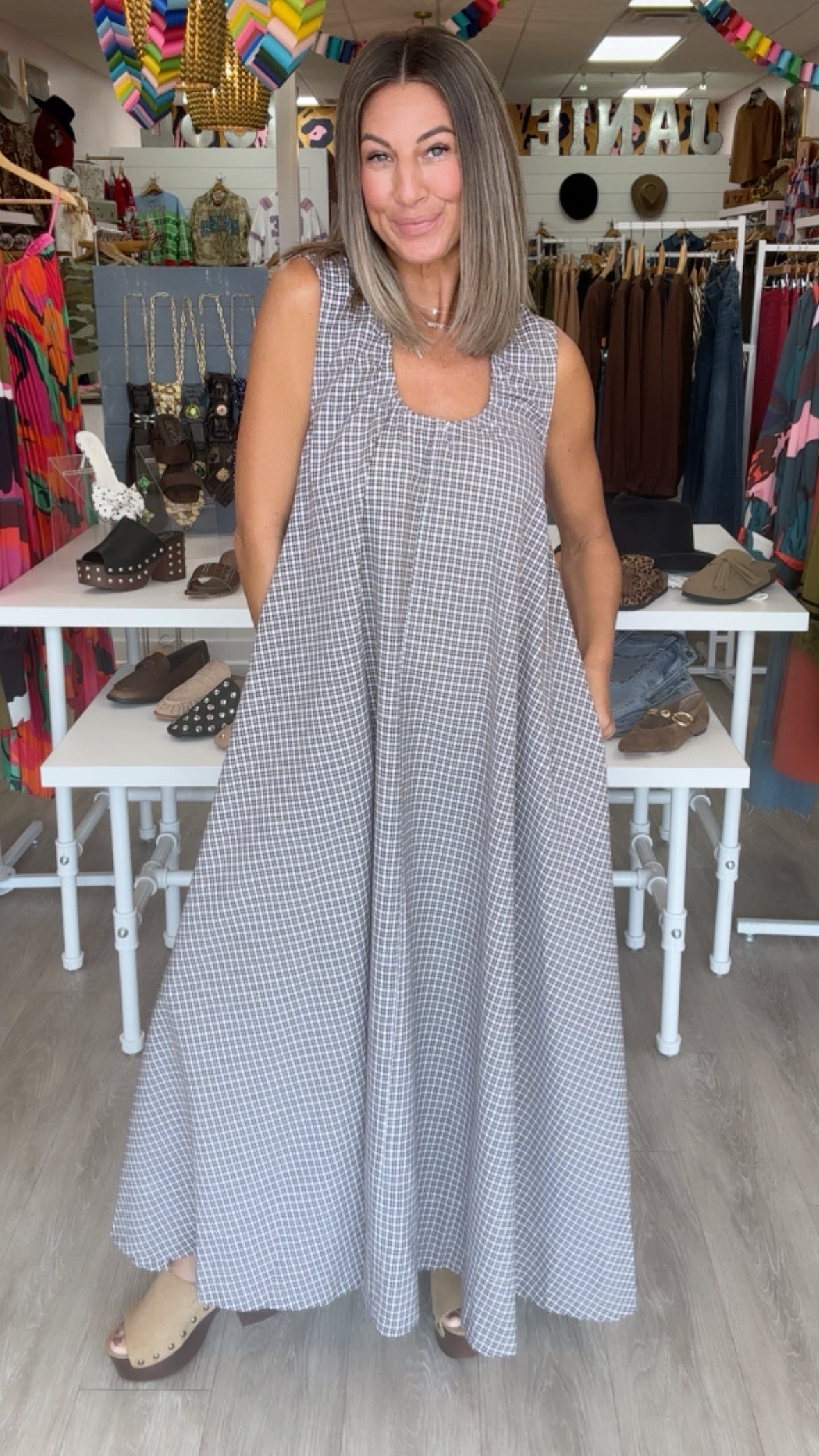 Karlie | Brown Check Scoop Maxi Dress